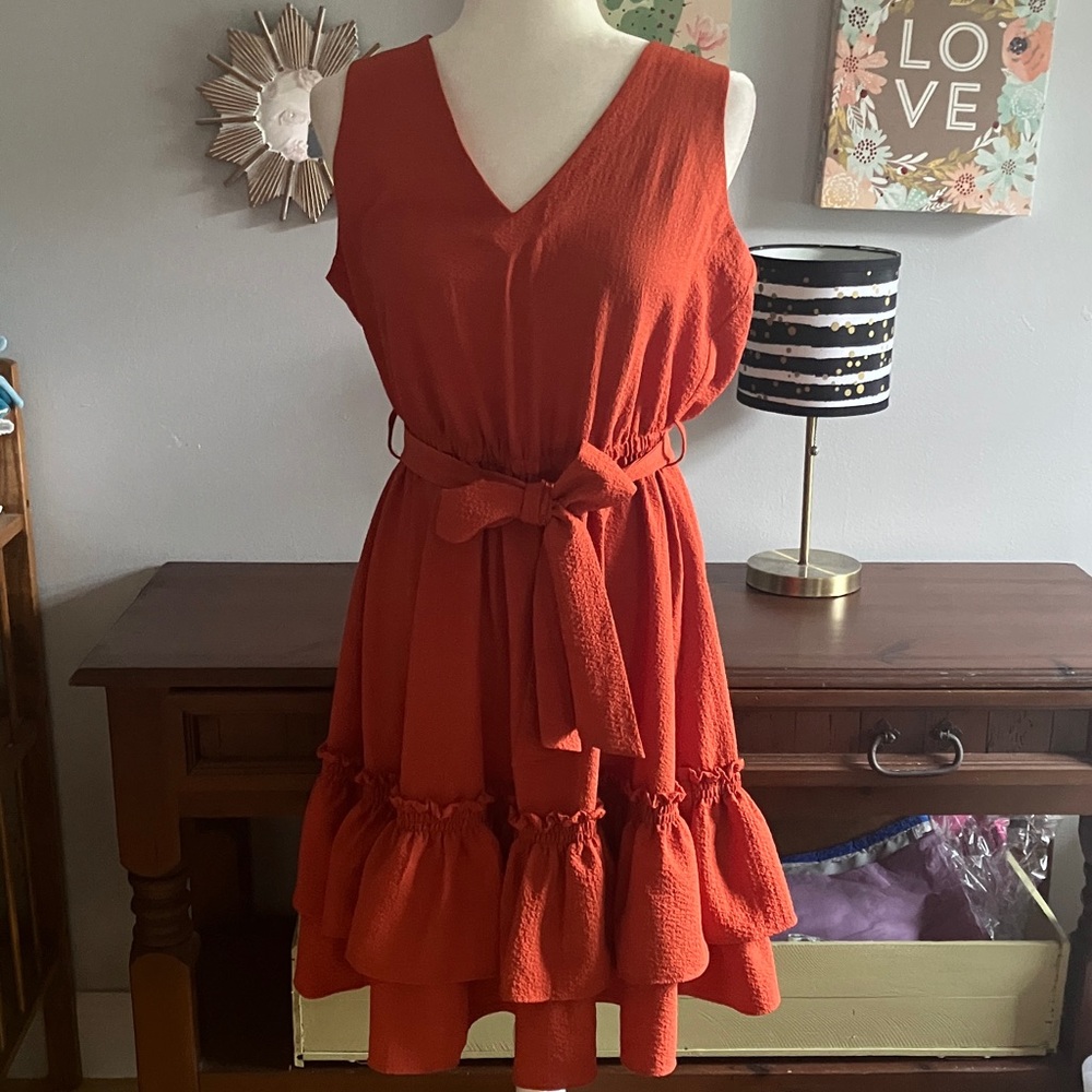 Calvin Klein sleeveless v neck flounce belted burnt orange dress EUC 8